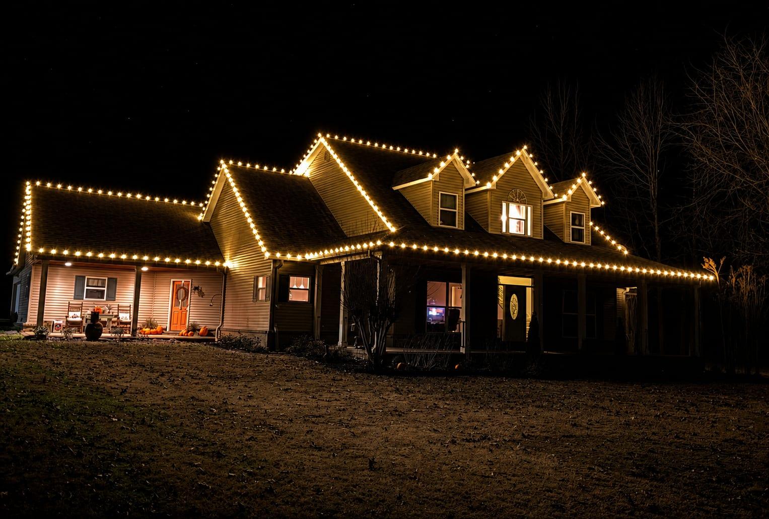 Country home with a wraparound porch traced in warm white C9 bulbs along the roofline and porch eaves
